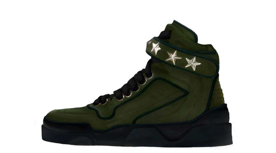 sport shoes Sport Clothes GIVENCHY (Green Leather Star-Embellished High-Top Sneakers). sneakers product ilustration militar green shoes golden stars Digital Art  green sport shoes