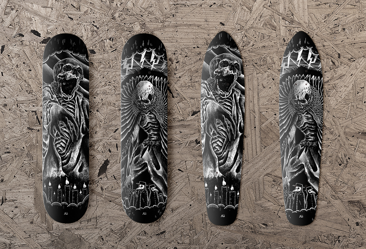 skateboard skull death product horror dark famine Conquest War woodcut