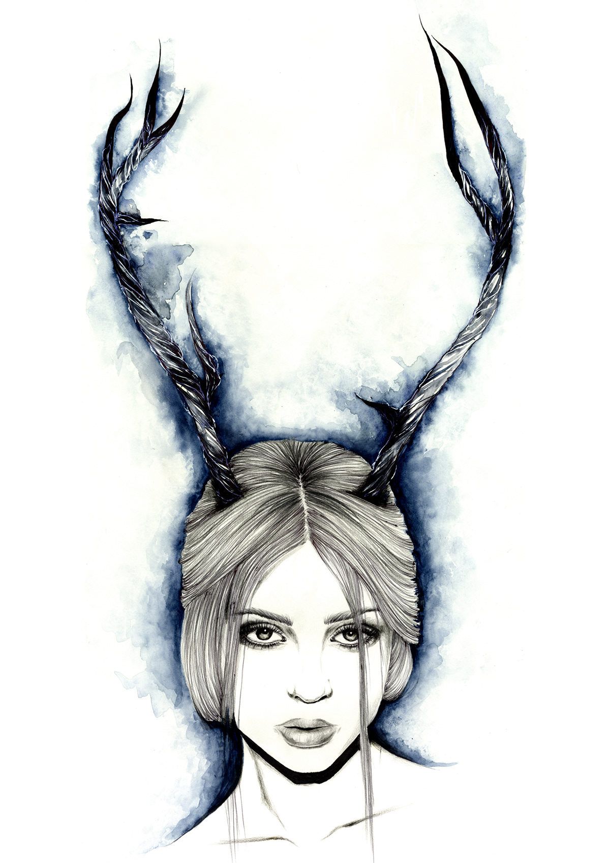 Magda Zalejska model beauty deer doe horns fashion illustration blue stag woman horned girl jazminecantillustrations