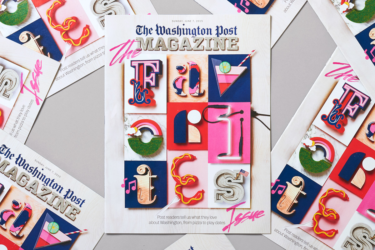 magazine editorial tactile neon wood concrete letters icons Washington Food  drinks Guide cover hand made paper