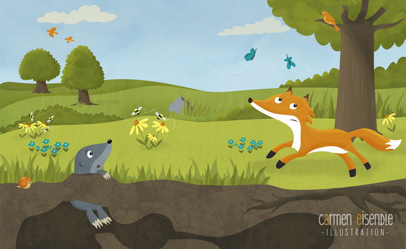 FOX Mole children's book Hideout Nature animal character kids children vector design Vector Illustration