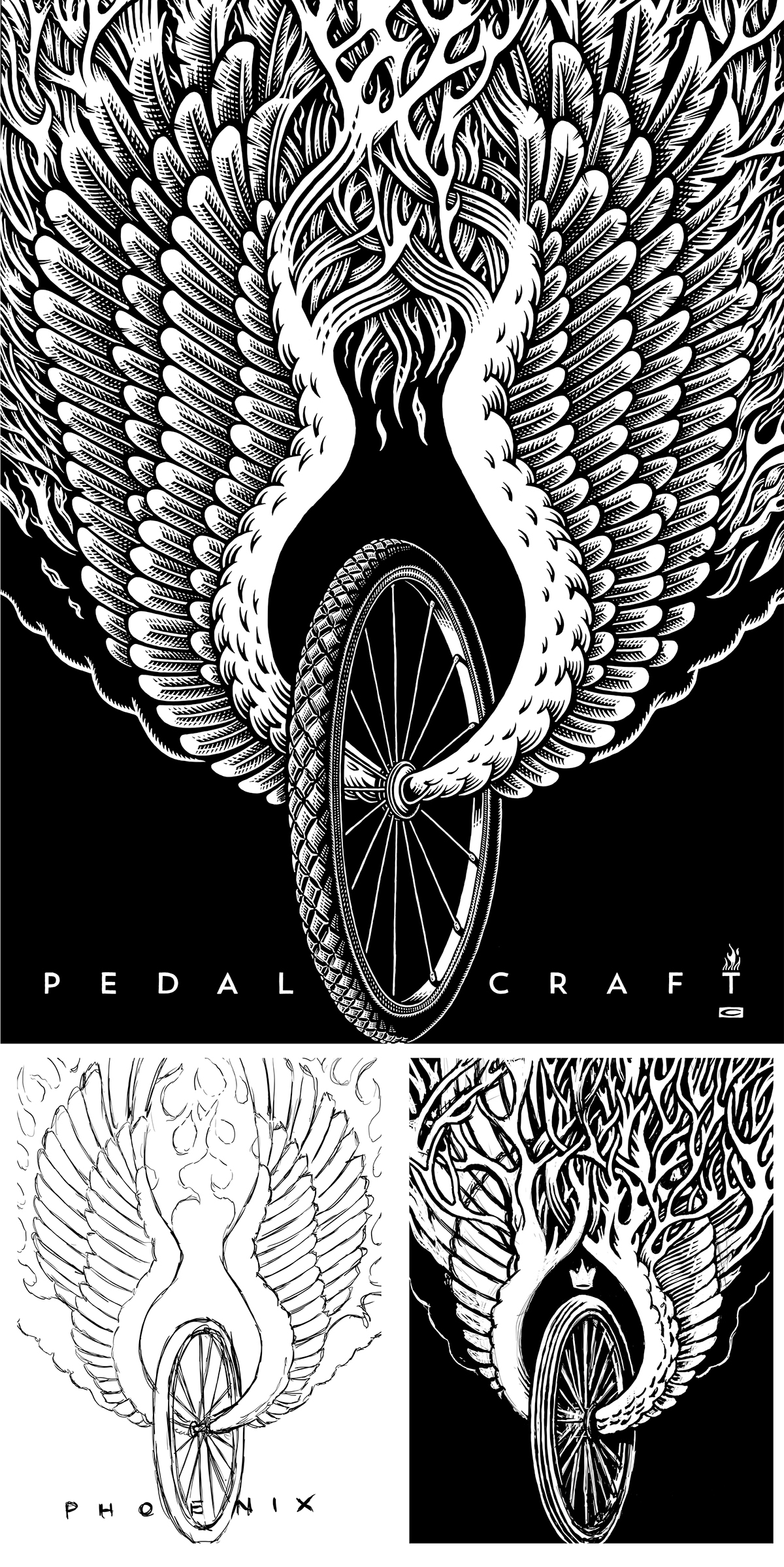 fire  wings Bike biking Phoenix Pedal Craft scratchboard process