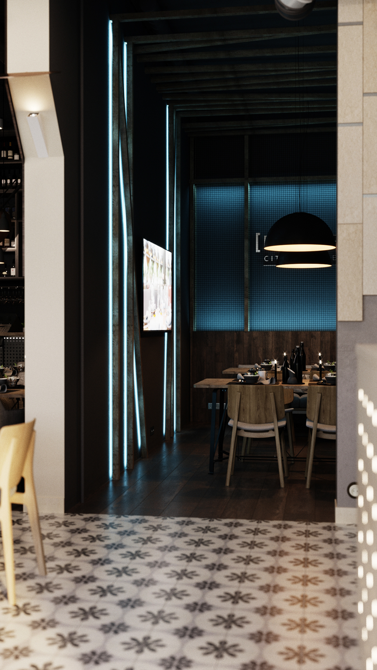 restaurant cafe Interior orenburg black interior interior design  modern interior corona renderer дизайн интерьера интерьер кафе