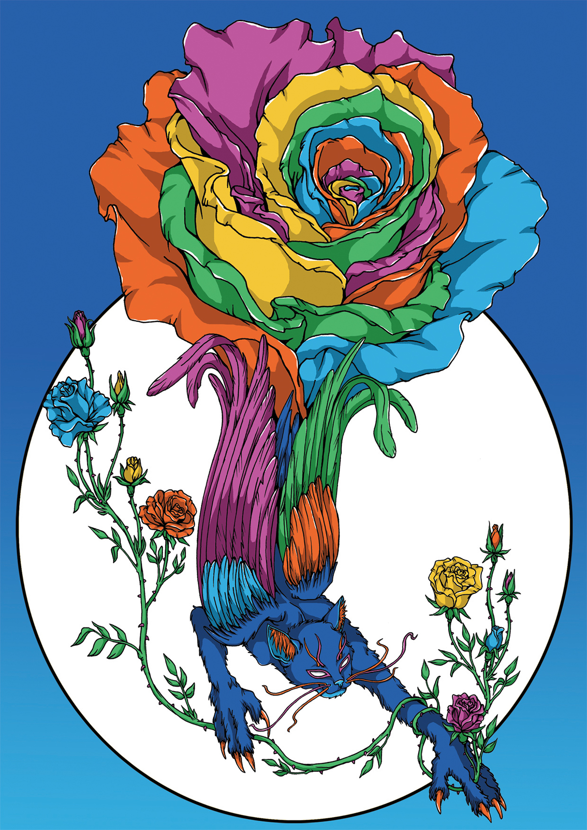 rainbow rose Cat blue surreal conceptart mythology ILLUSTRATION  fine art beasts