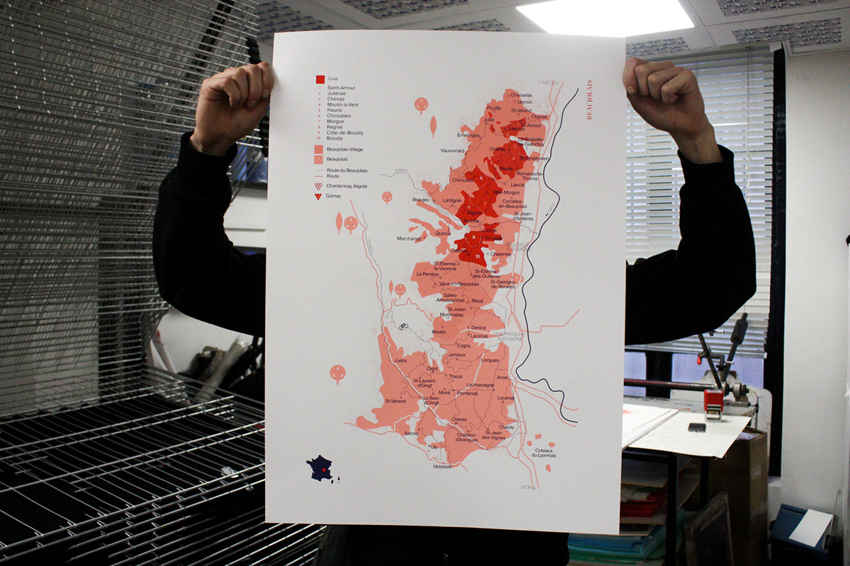 vin cartes Beaujolais vignoble sérigraphie screenprint wine map france corail