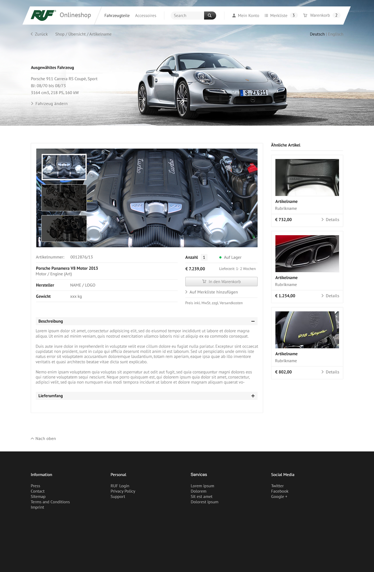 ruf Porsche tuning Website Onlineshop online shop design