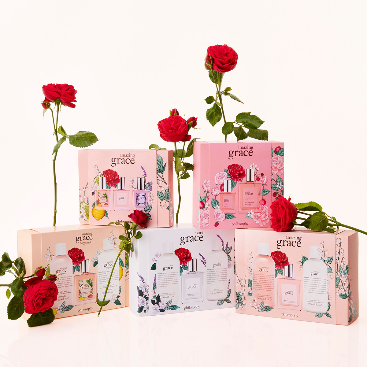 Image of Botanical illustrations on cosmetic packaging for Philosophy