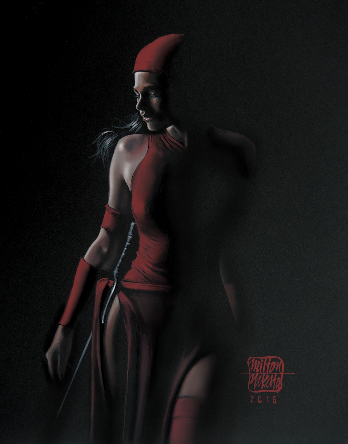 Milton Kakata gouache Elektra ninja Daredevil heroes comic fanart