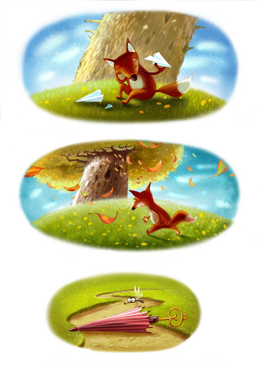 лиса дерево ребенок история ребенку книгу иллюстрации лес лисичка животные смешной счастливый красочность цифровой