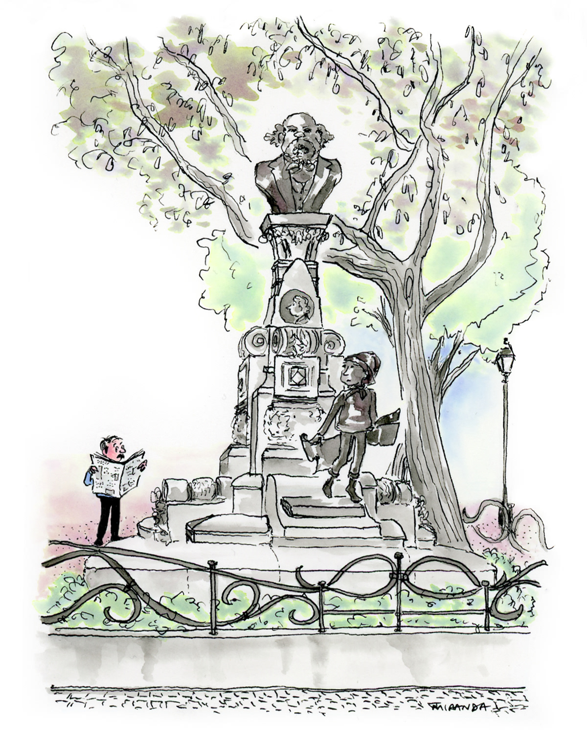 Whimsical ink and watercolor travel illustration of the monument to newspapers in Lisbon, Portugal