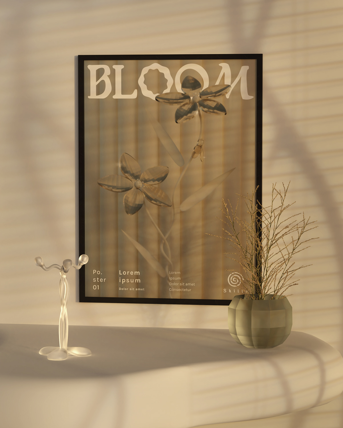 poster warm set design  flower glass light 3D ambience Interior decoration