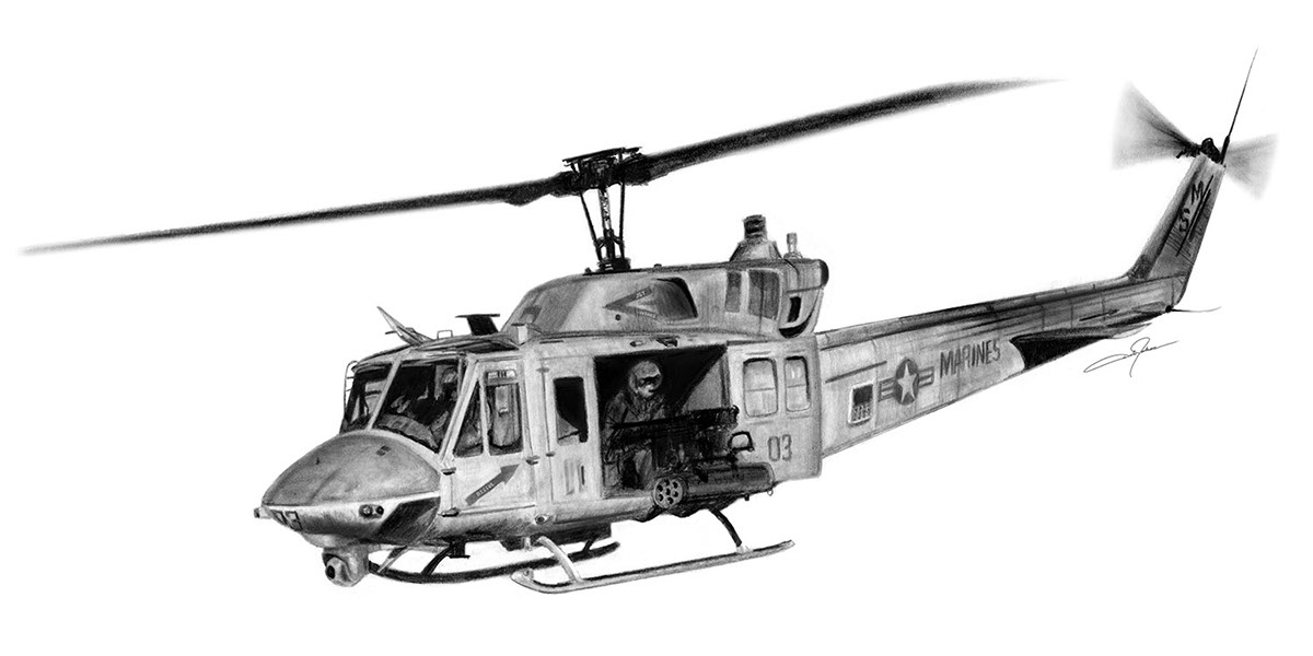 UH-1N Marines helicopter aviation art Pencil drawing
