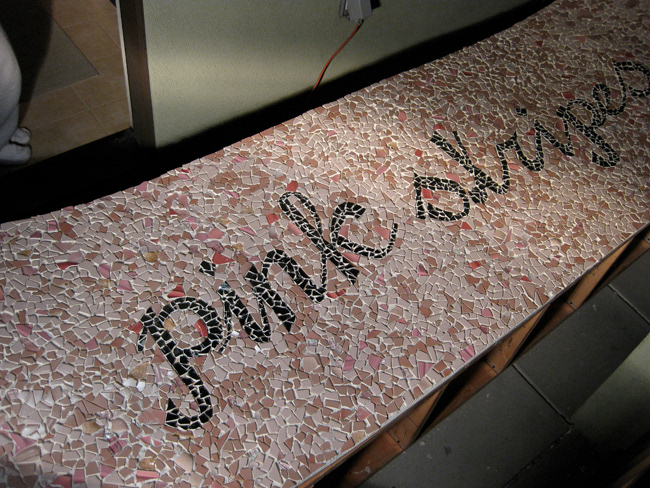 mosaic lumber wood working Retail store cash Wrap pink tile ceramic glass