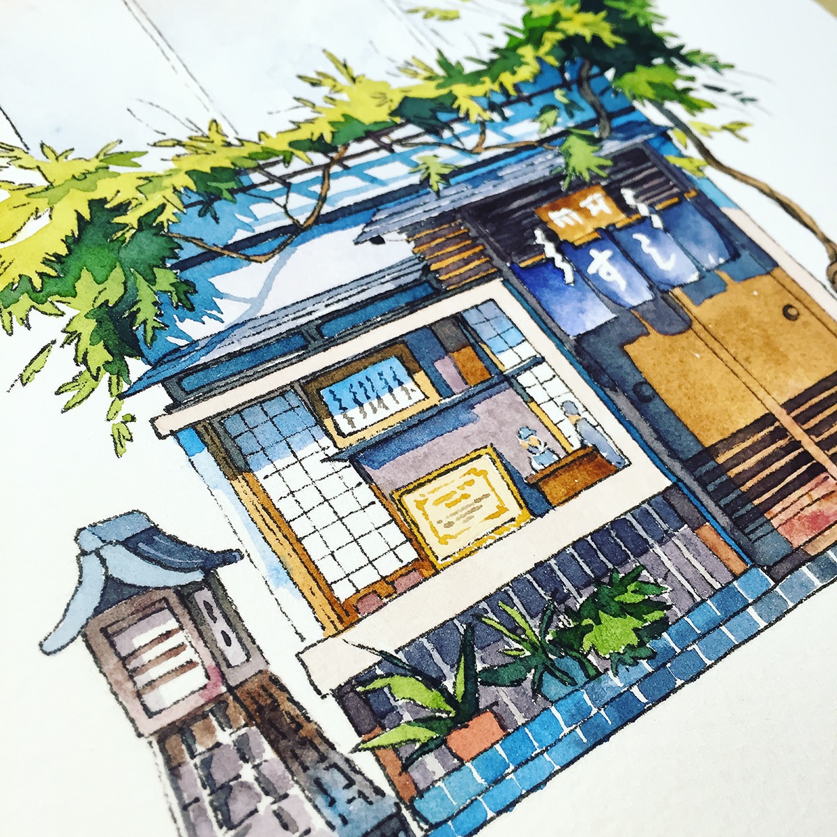 Watercolours watercolor tokyo japan shop colorful Retro Hand Painted