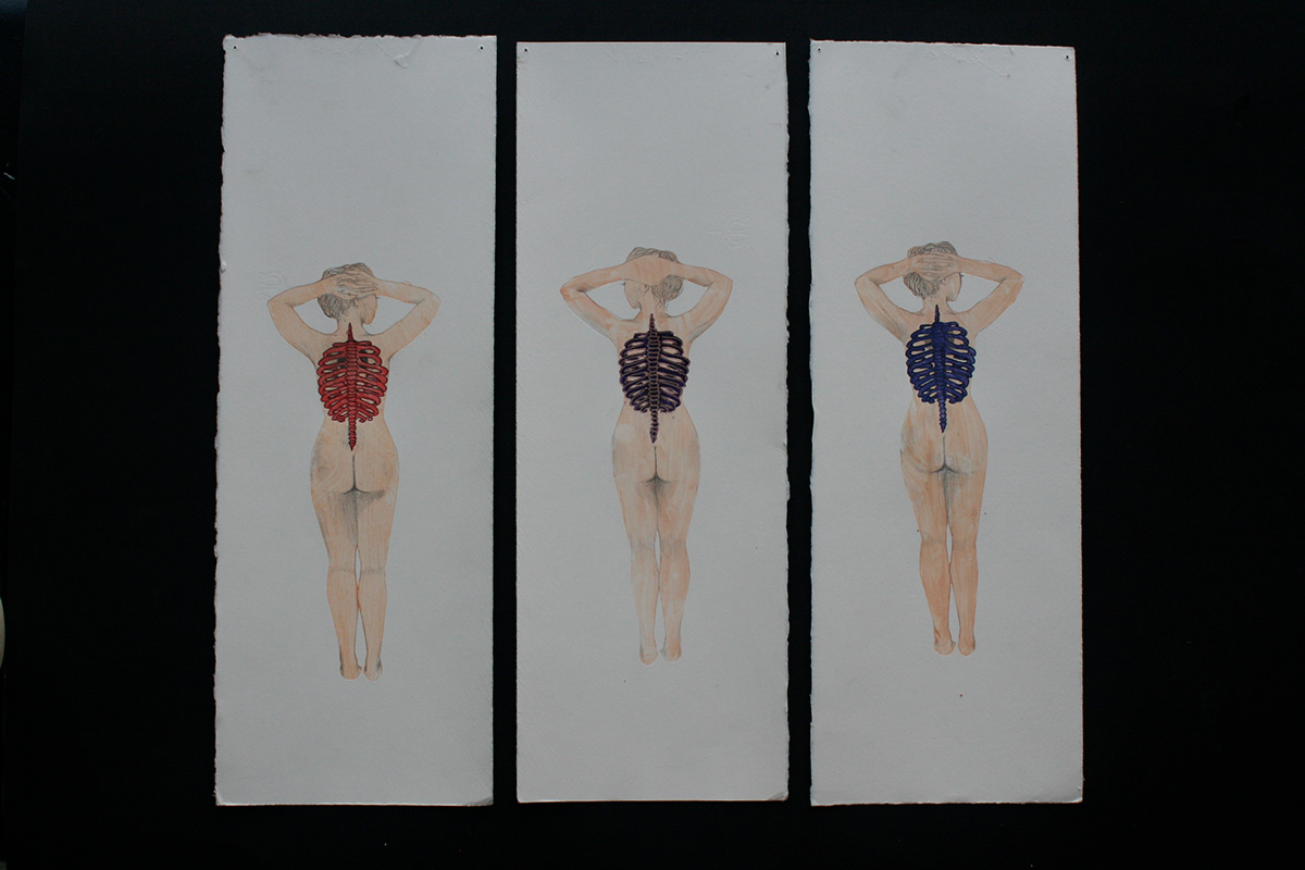 construction Paintings reflections Embroidery printmaking female figure rib cage hold it together