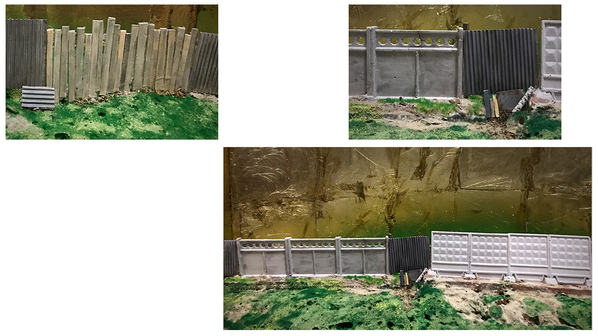 Diorama fence Found objects graphics installation maquette Urban viewer watching wood