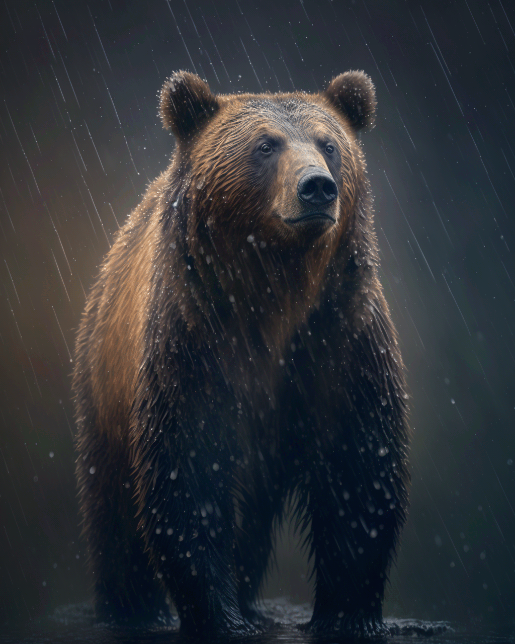A realistic bear in the rain
