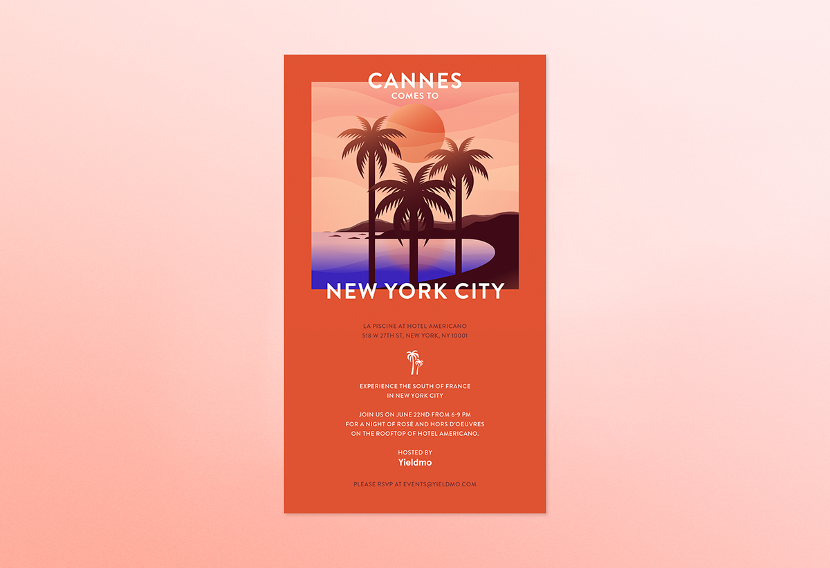 Cannes nyc yieldmo Ad-Tech start up sunset pink france Tropical beach Poster Design colors gradients 1920s shoreline
