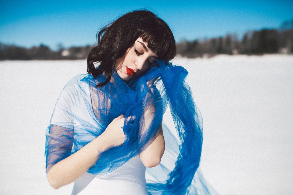 winter model leotard tulle fabric snow New England pale female Canon makeup White blue vibrant contrast