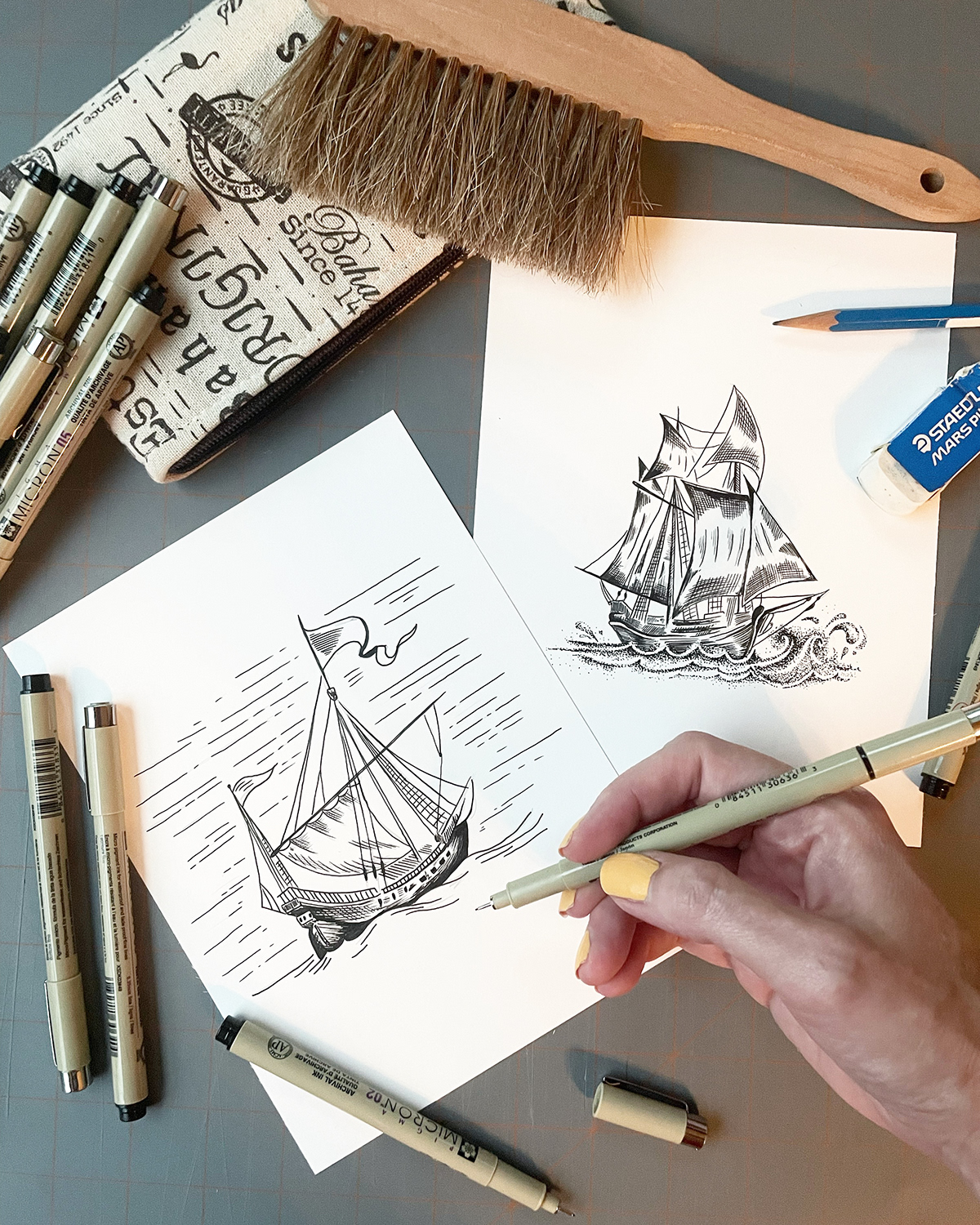 pen and ink illustrations of boat and ship hand drawn with ink on paper for beer can labels