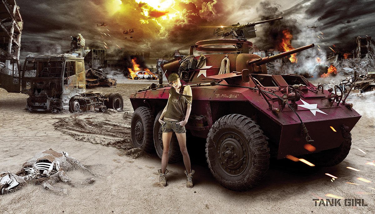 poster  war  photoshop  digital art  red  tank  army  girl  cars  explosive  action