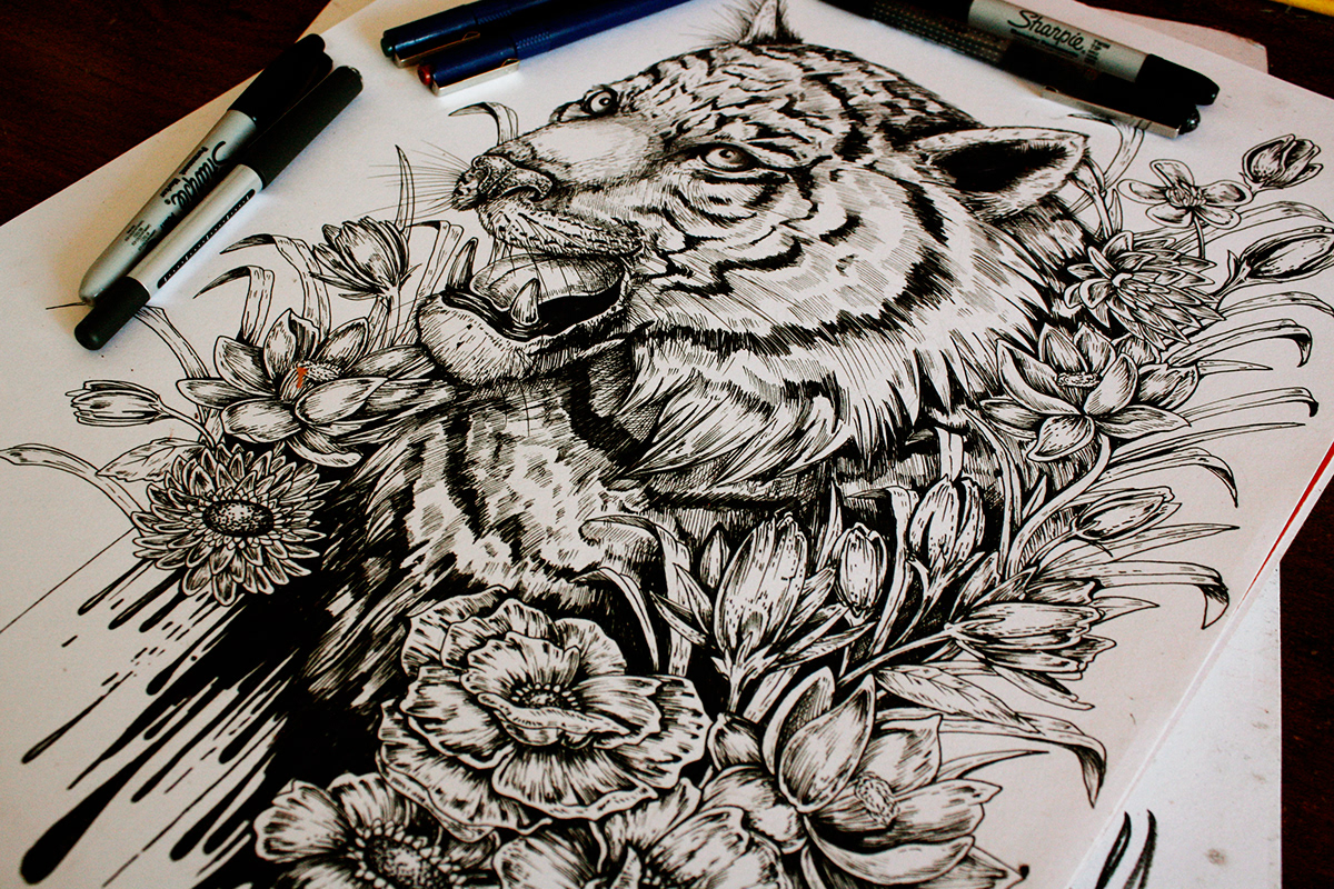 tiger ink Flowers doodles The Freak animals Nature