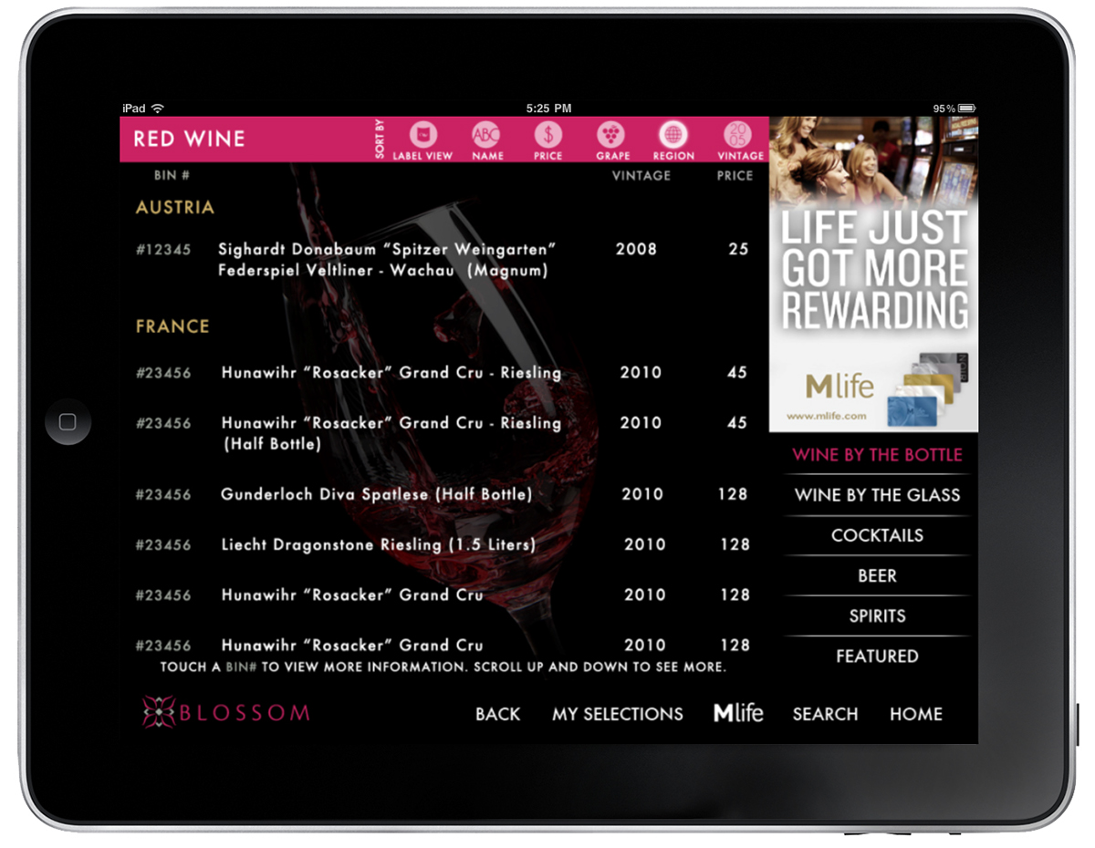 ARIA hotel restaurant asian cuisine MGM iPad application app Incentient Smartcellar Las Vegas nevada