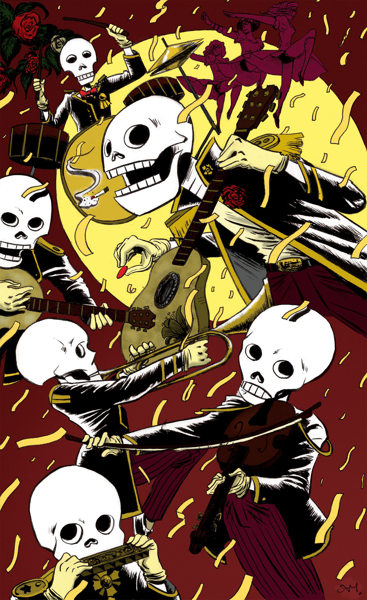 altsam altsamdrawsomg comics drawings art skeleton Mexican dead death skull mariachi band guitar Roses