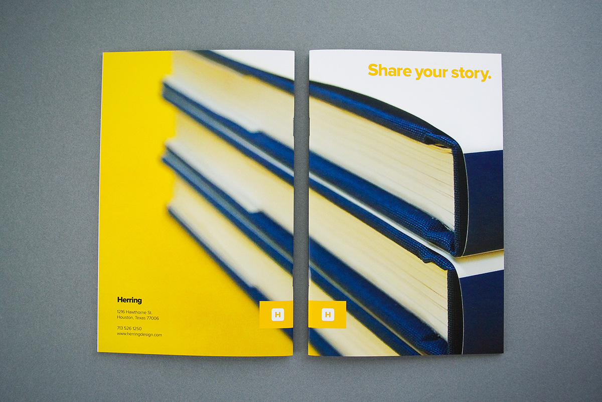 herring design Promotion Booklet saddle stitch books yellow Share your story houston texas internship