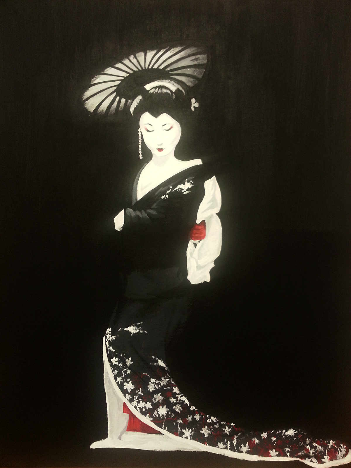 canvas acrylic geisha blackandwhite black White red Maiko japanese japan japanese geisha paint