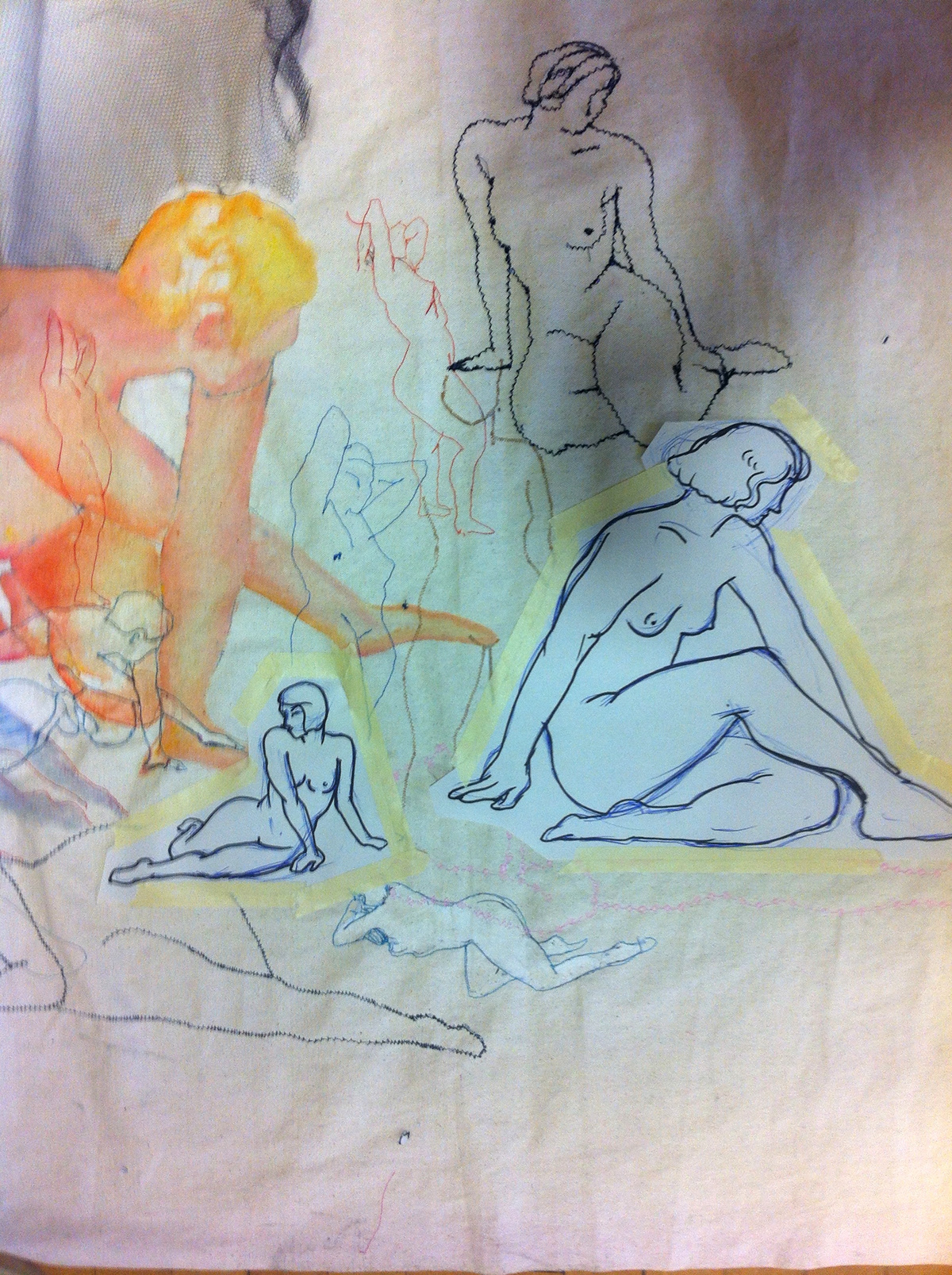 sewing collage acrylic Multimedia  nude woman Figure Drawing stitching