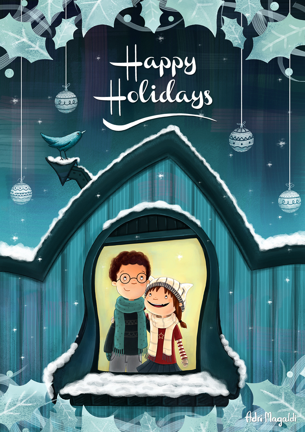 ilustración digital postal felicitación niños Christmas postcard personal