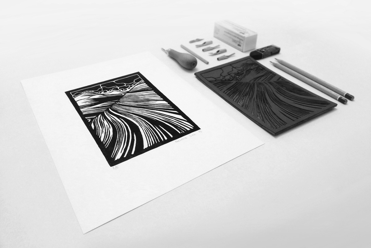 The Wave linoleum arizona linocut print ink letterpress