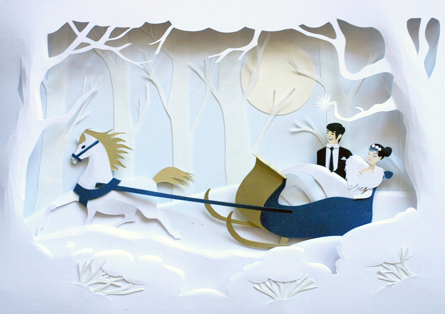 winter wedding horse White snow forest hand-made paper-cut