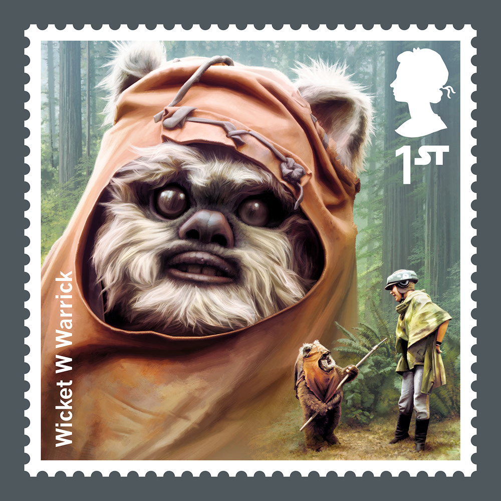 UK Royal Mail Star Wars stamp art for Lucasfilm Disney with Ewok Wicket and Princess Leia