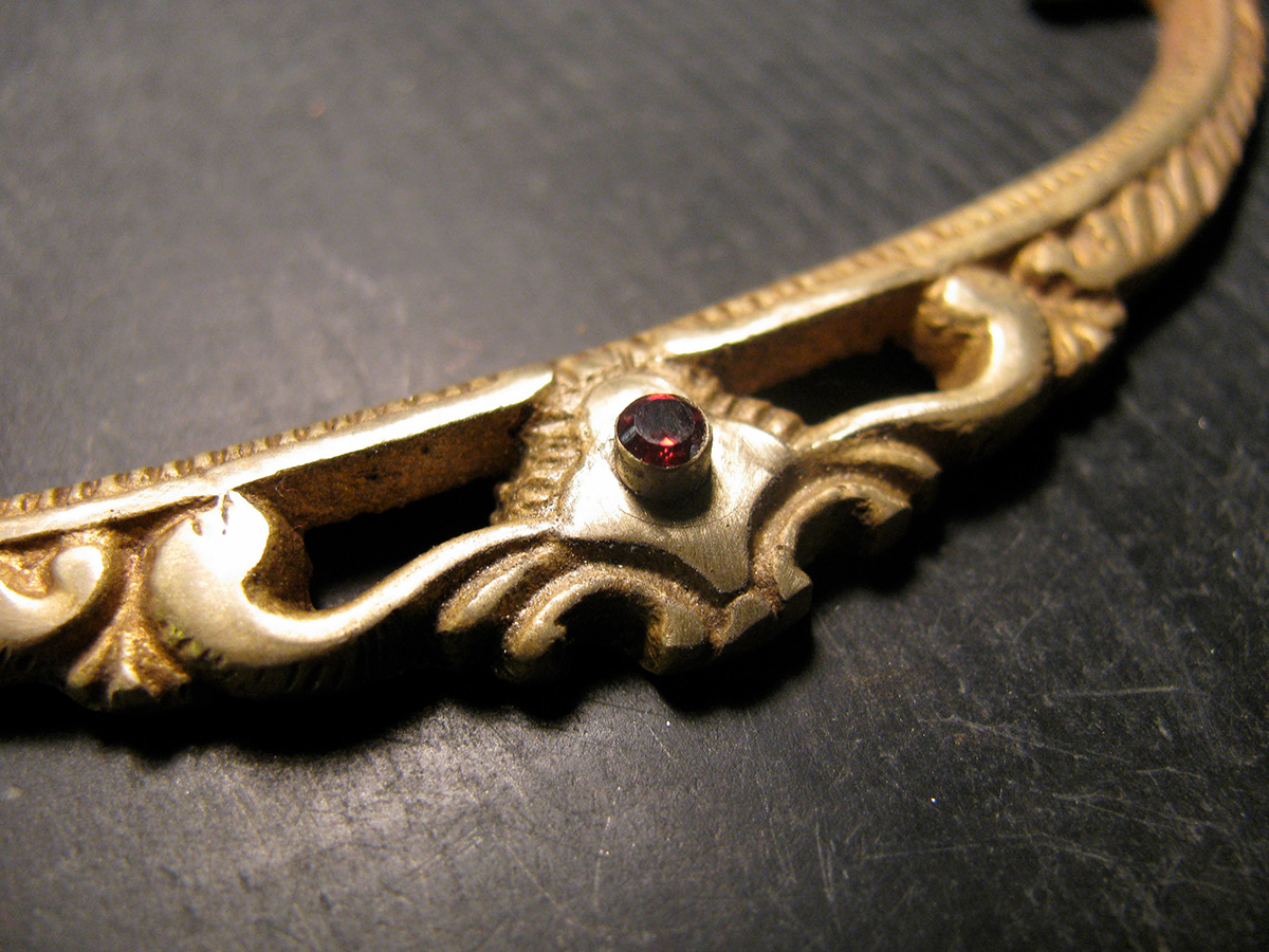 jewelry neckpiece Necklace ring bracelet brass bespoke metalsmithing drawer pulls garnet