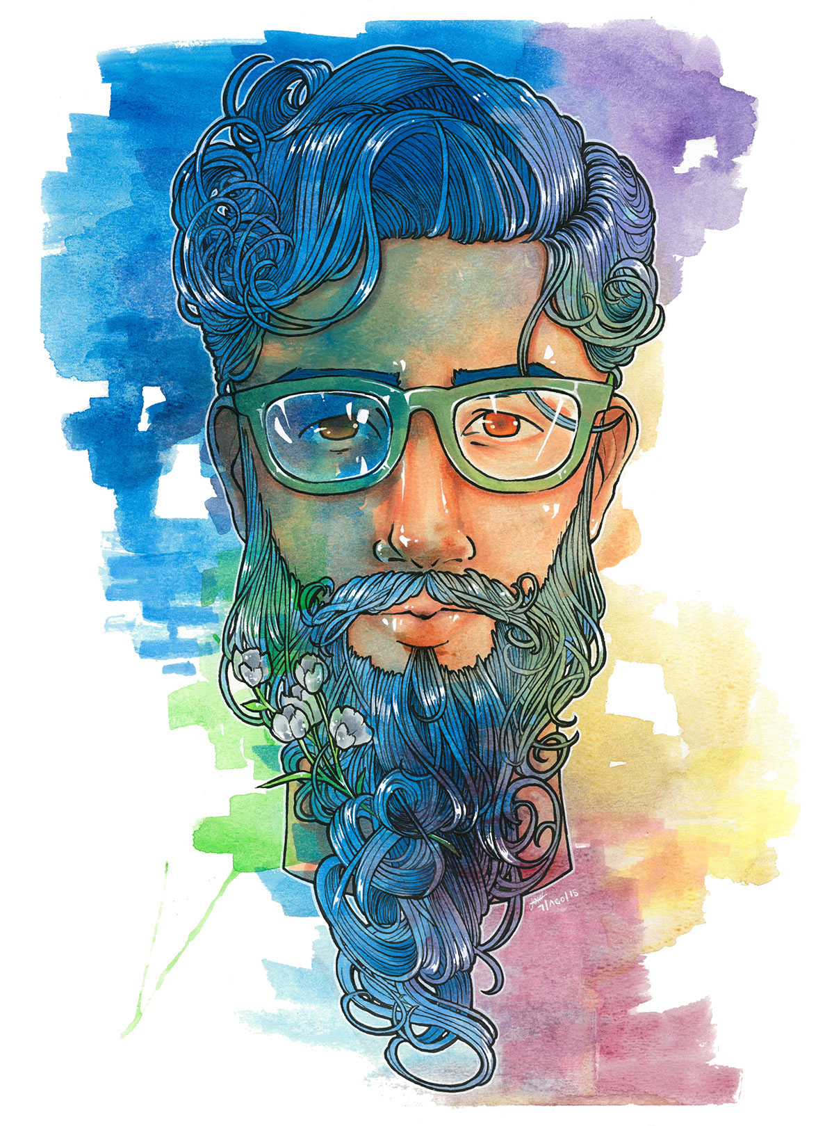 watercolor copics markers ink pens man men hairstyle hair blue Flowers puerto rico