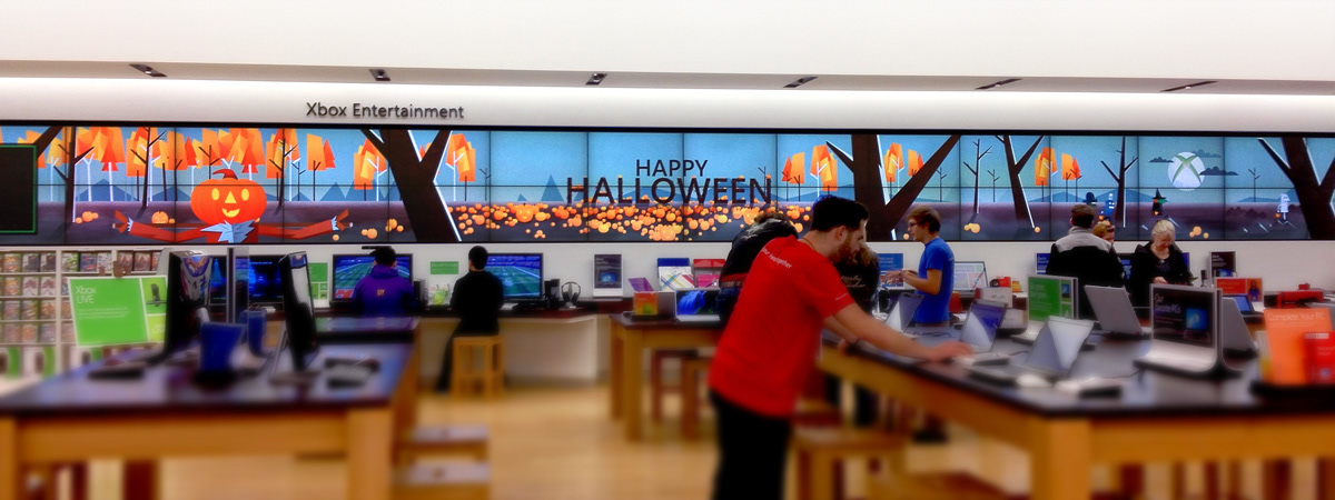 store Video wall Halloween Ghosts owl Fall woods forest trick or treaters vampire mummy robot pirate