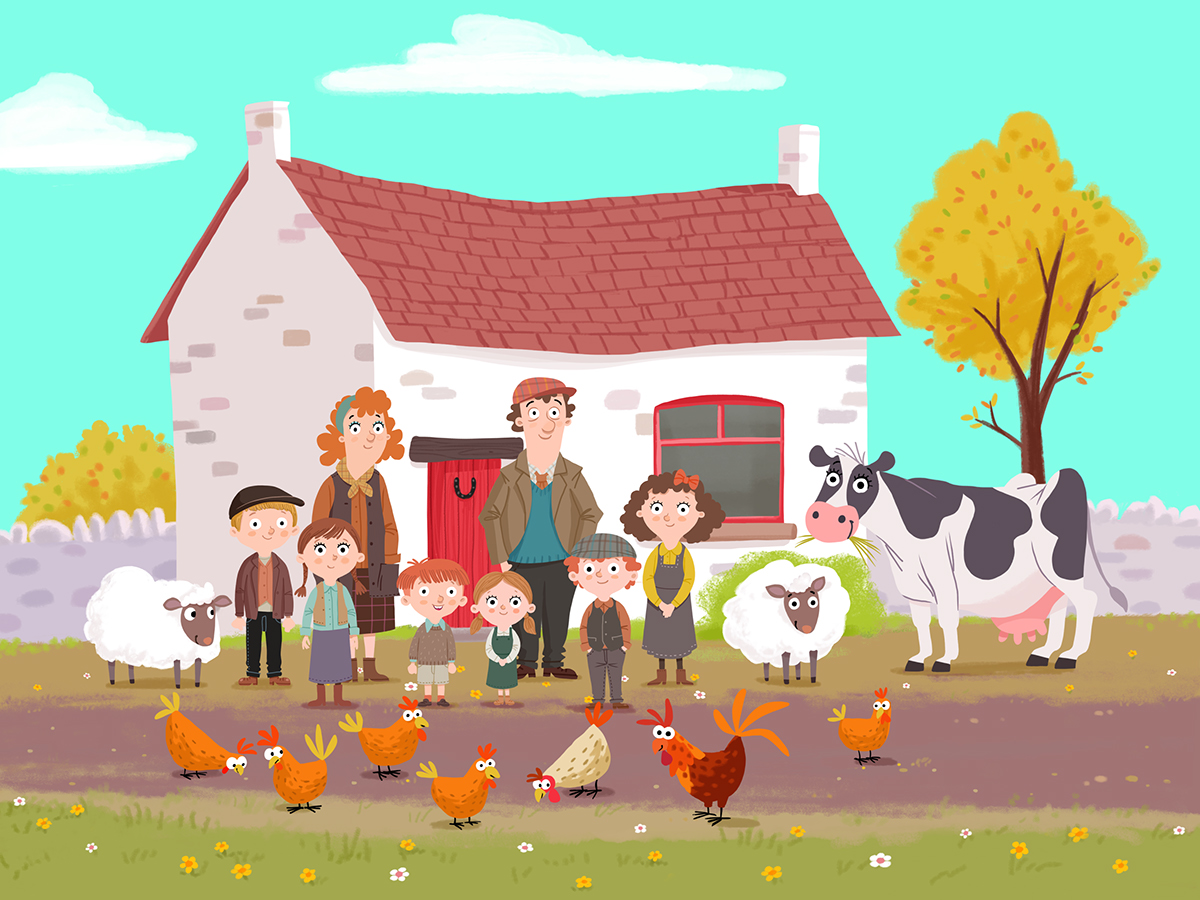 Hens cow kids sheep farmer Cottage