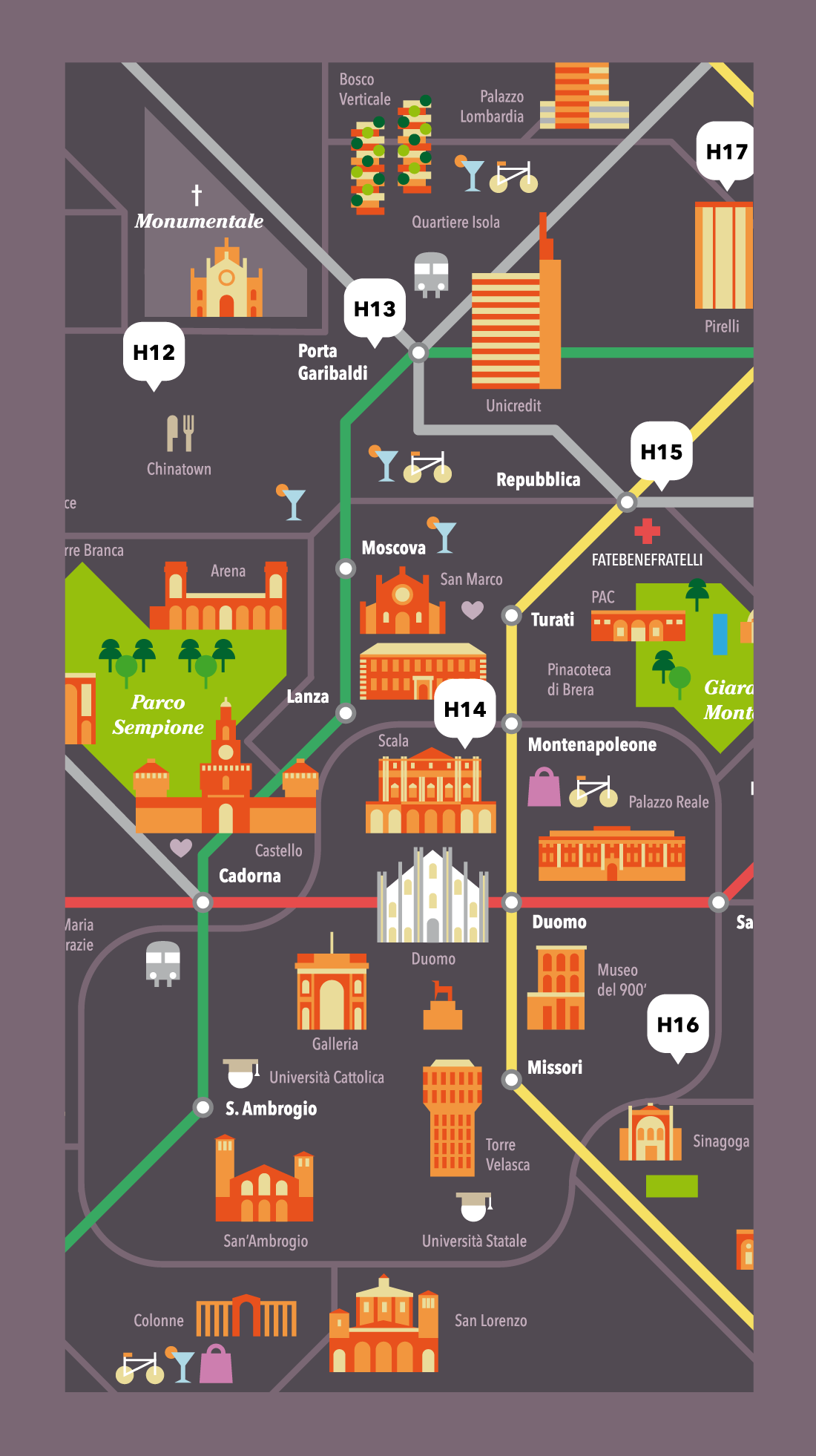 milano milan map infographic hotel metro underground Park building flat icons crockhaus