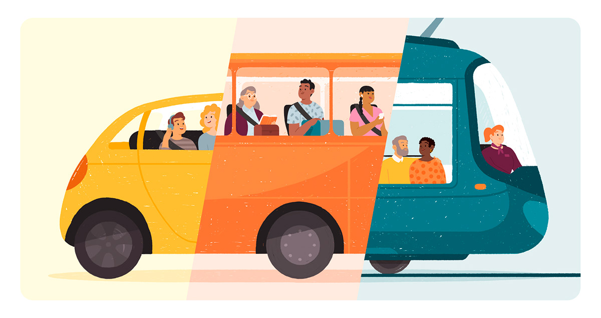 Colorful Illustration of smiling characters in shared or public transports. 