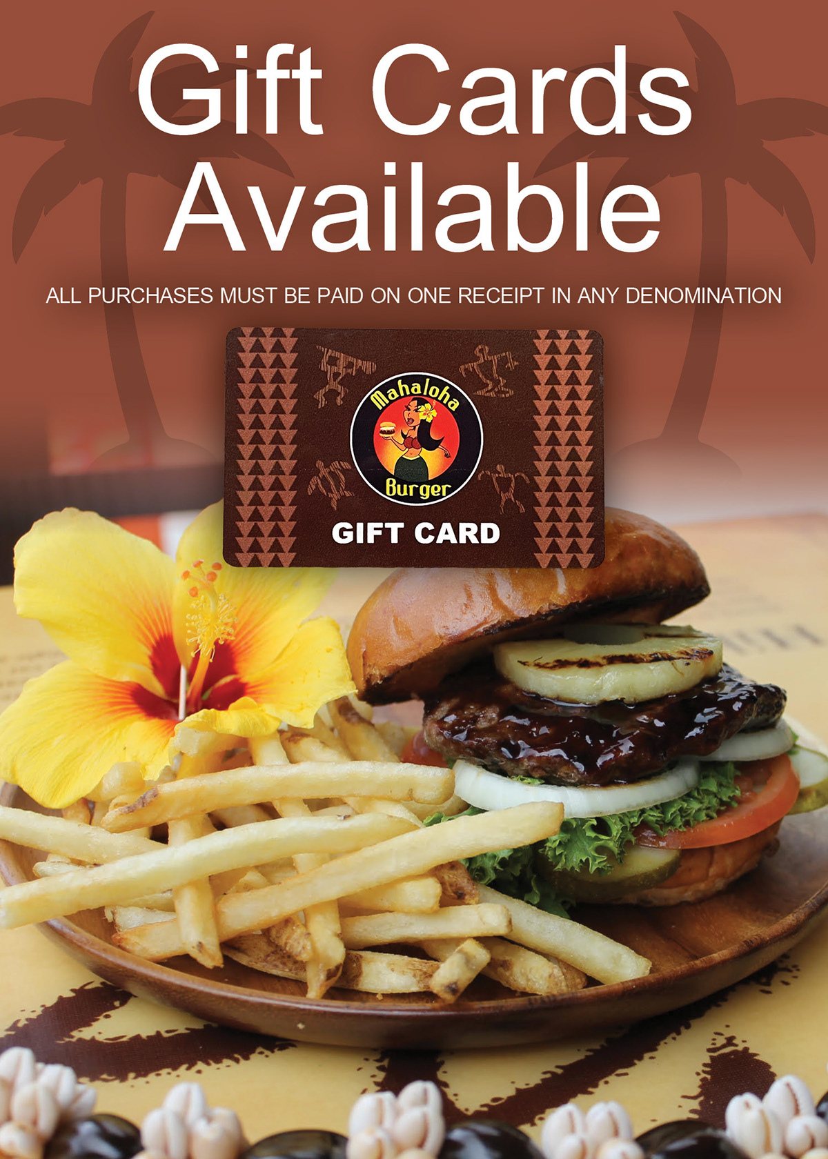 brown Food  gift card graphic design  Hawaiian place holder restaurant sign
