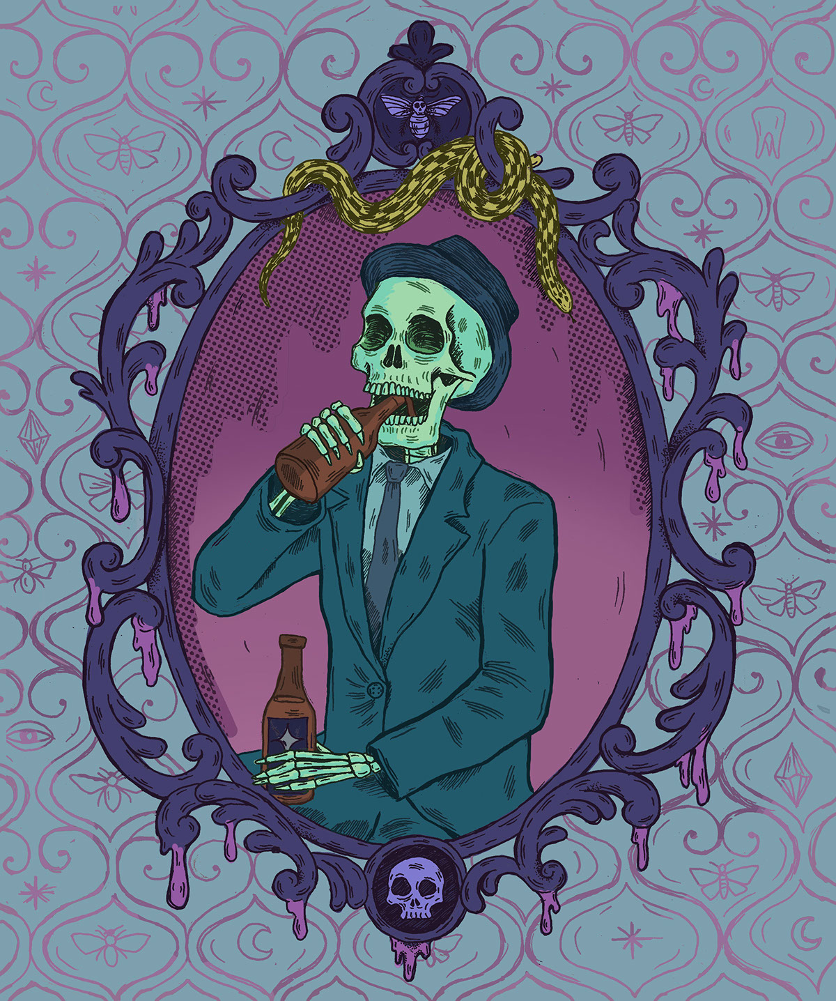 ILLUSTRATION  skeleton skull booze drinking beer Victorian Halloween