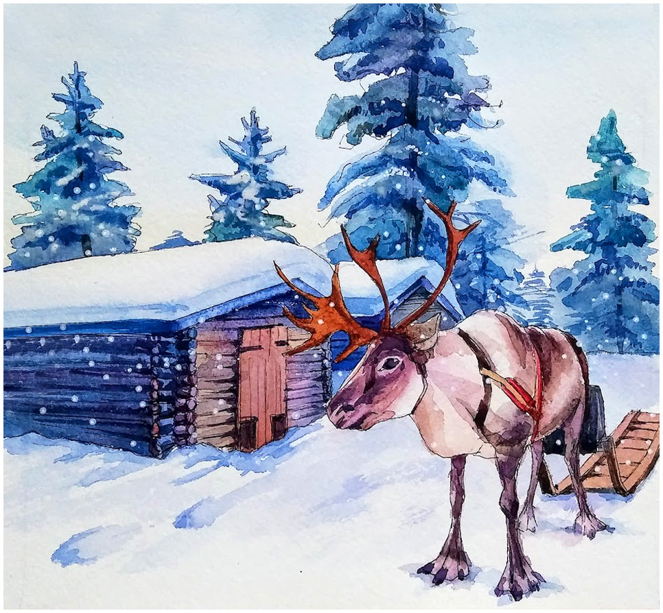 winter Lapland watercolor painting   deer animal