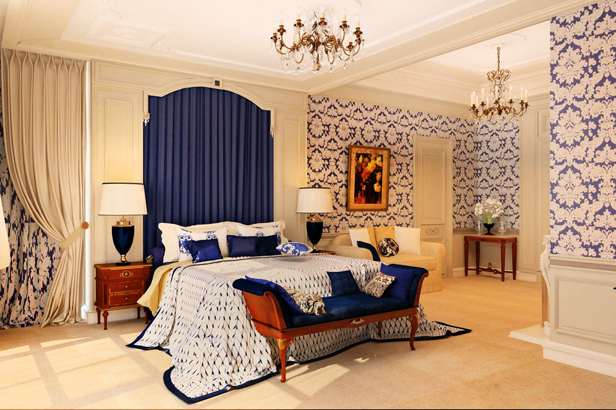 master bedroom in dark blue tones