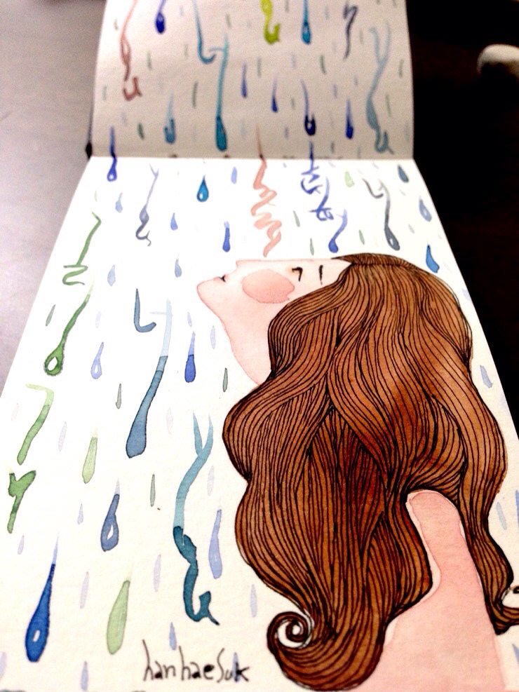 rain watercolor girl hanhaesuk