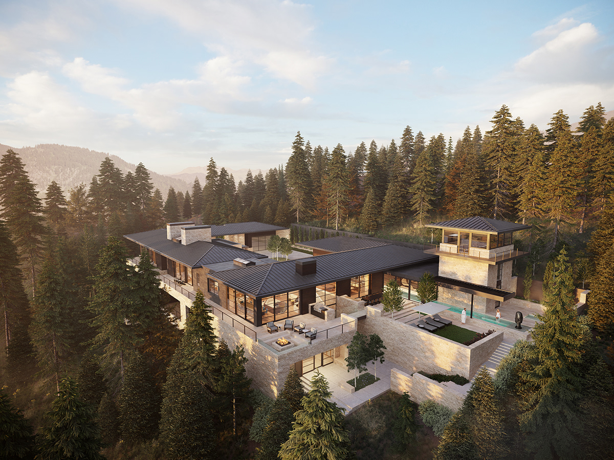 architecture blok studio corona renderer interior design  luxury mountains rendering sandstone Villa Wood Cladding