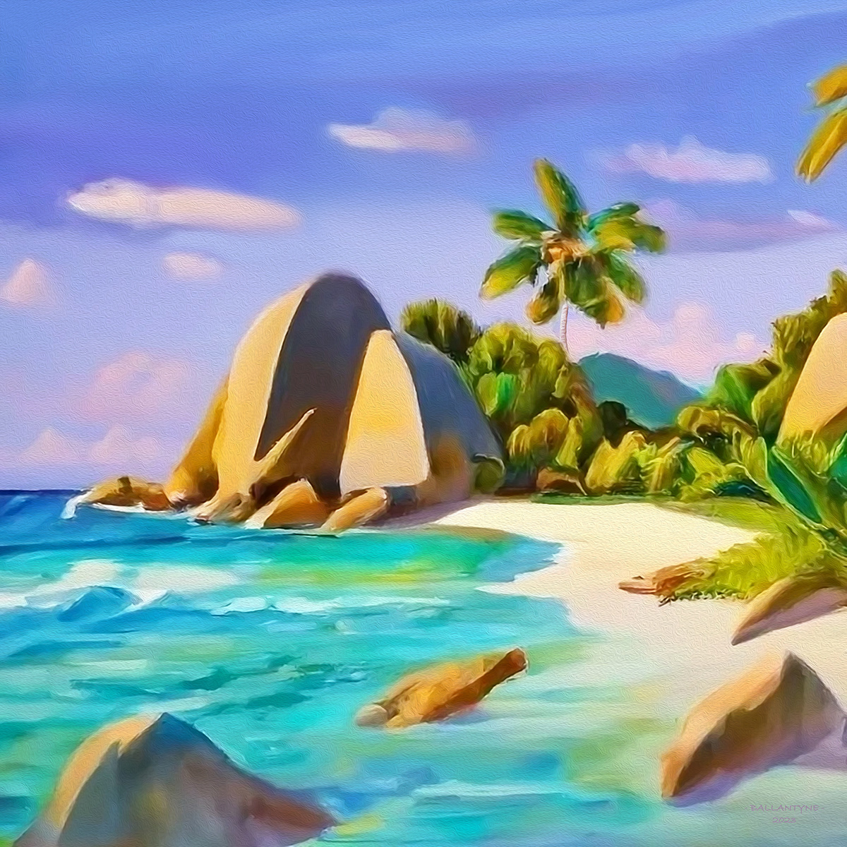 painting   beach sea Ocean Tropical Palm Tree Nature Travel Seychelles Sun