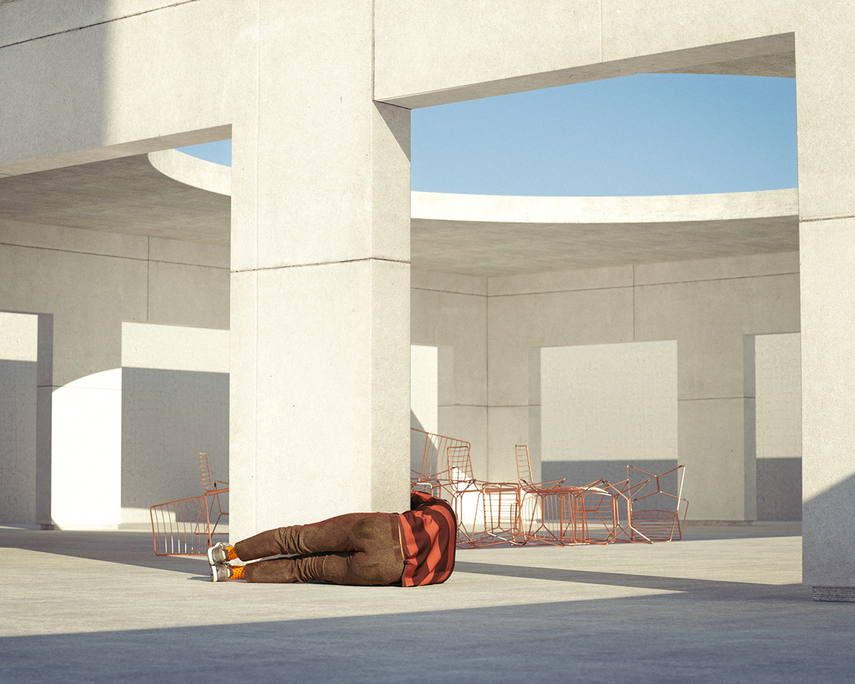 CGI rendering Photography  staged Finearts anxiety room Absurd falling Minimalism