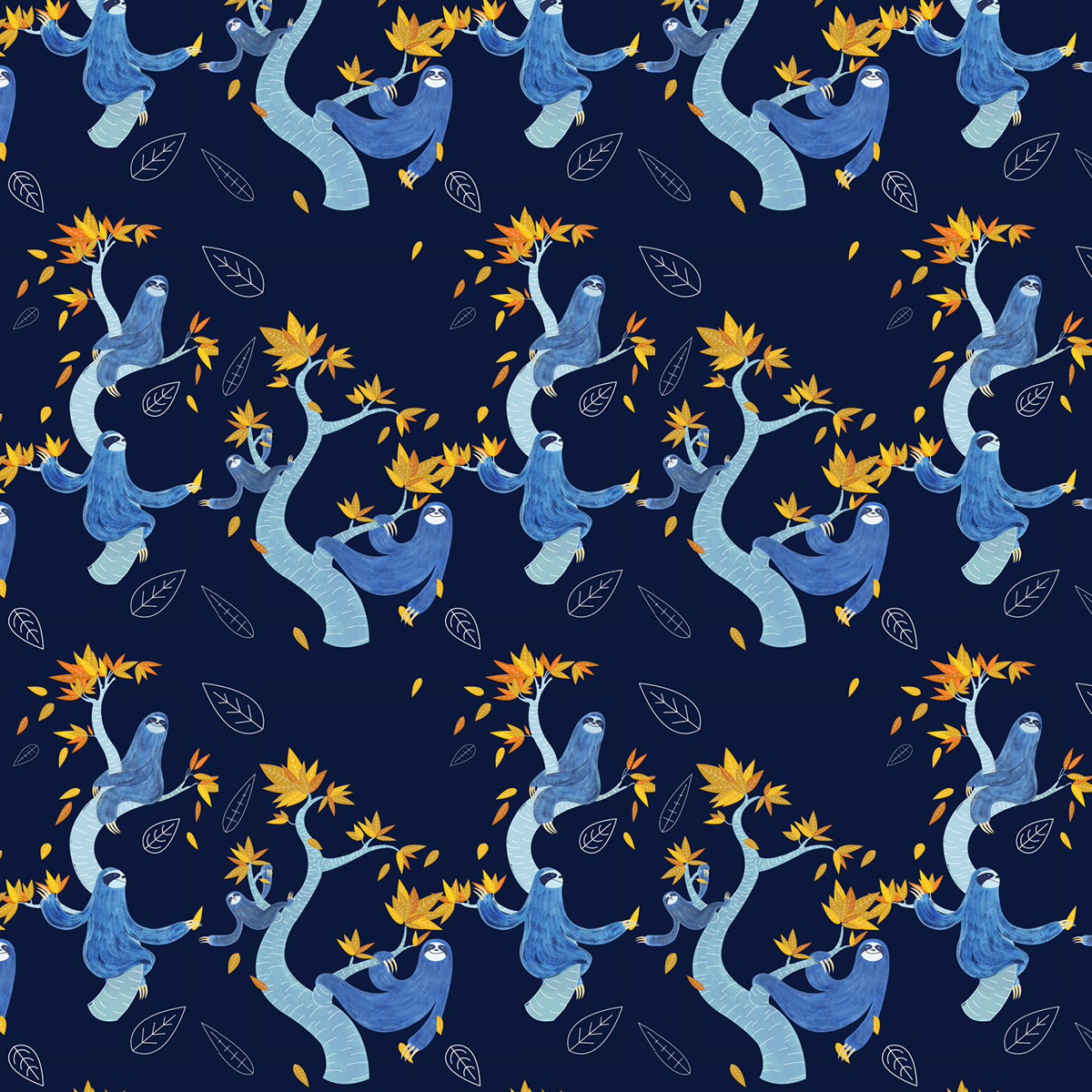 design Textiles sloths blue summer merchandise giftwrap wallpaper night Fall leaves trees sleep happy children